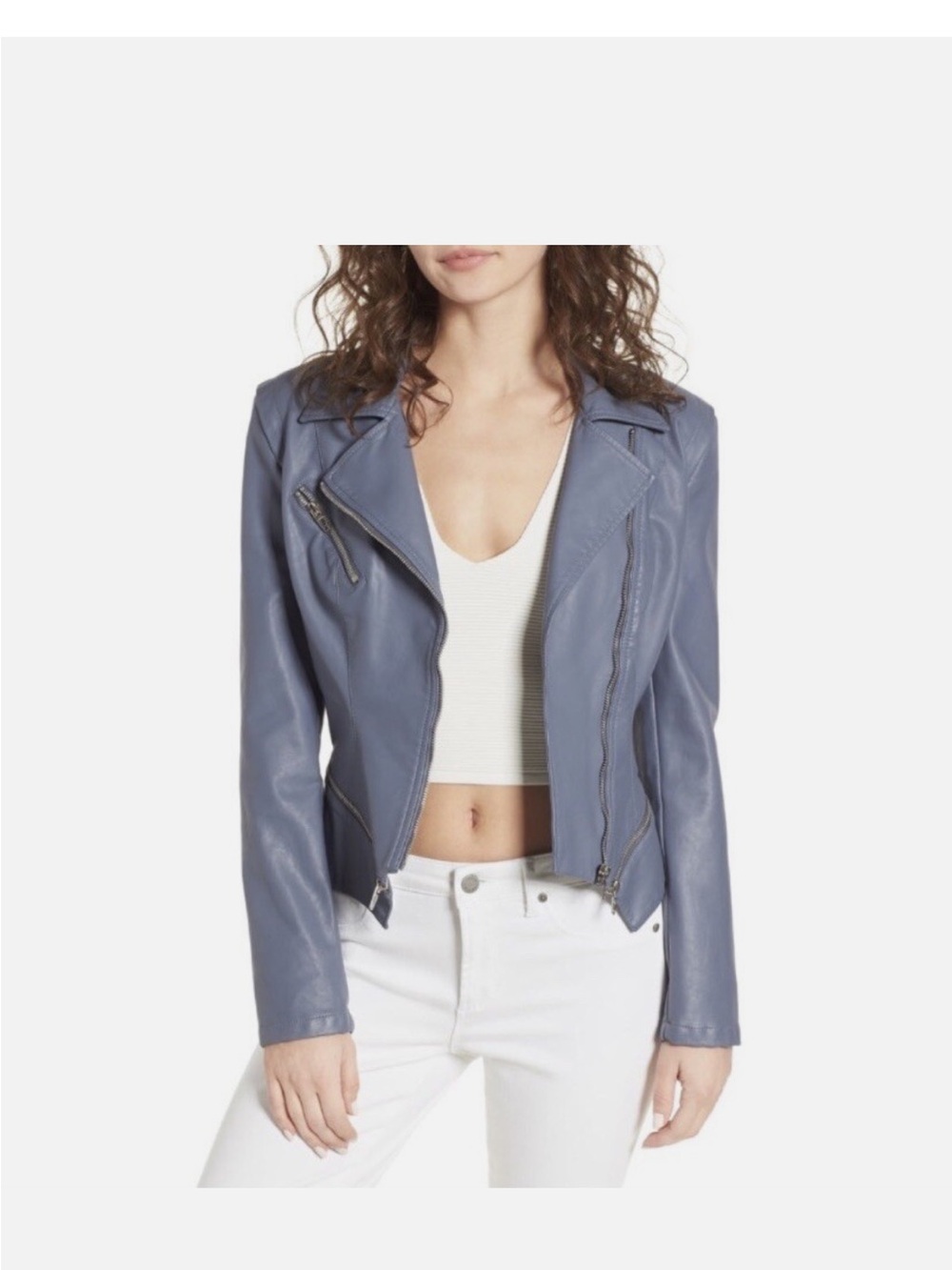 Blank NYC Dusty Blue Faux Leather Moto Jacket